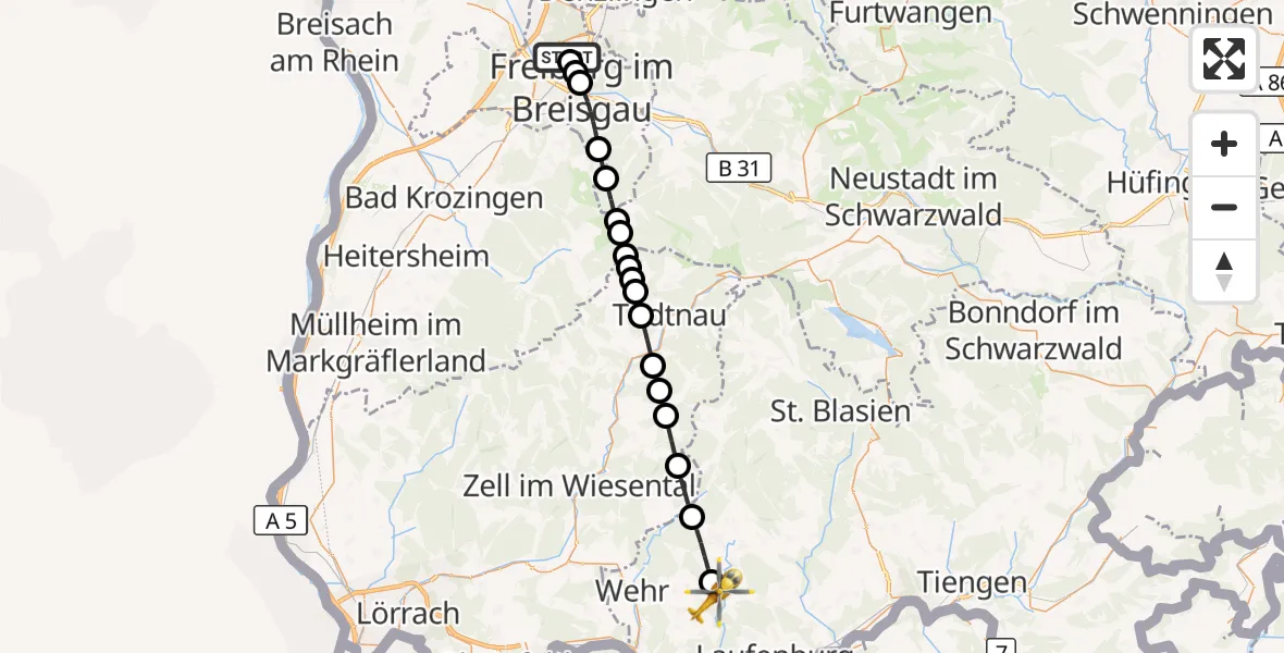 Flugroute Ambulanzhubschrauber Freiburg im Breisgau Flugplatz - Rickenbach, 23 Juni 2026, 17:29
