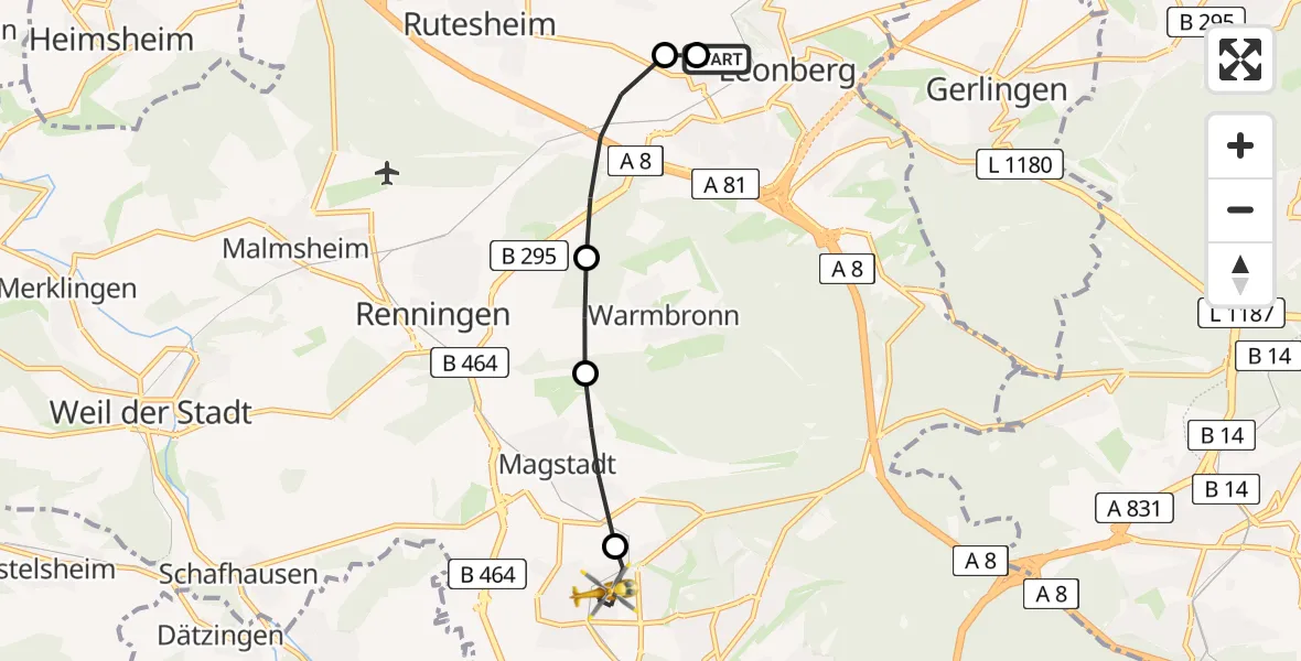 Flugroute Rettungshubschrauber Leonberg Hospital - Sindelfingen, 23 Juni 2026, 17:34