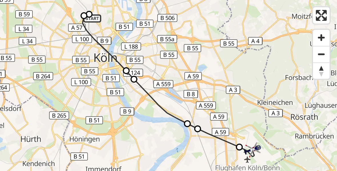 Flugroute Polizeihubschrauber Sankt Vinzenz Hospital - Köln Bonn Flughafen, 23 Juni 2026, 17:39