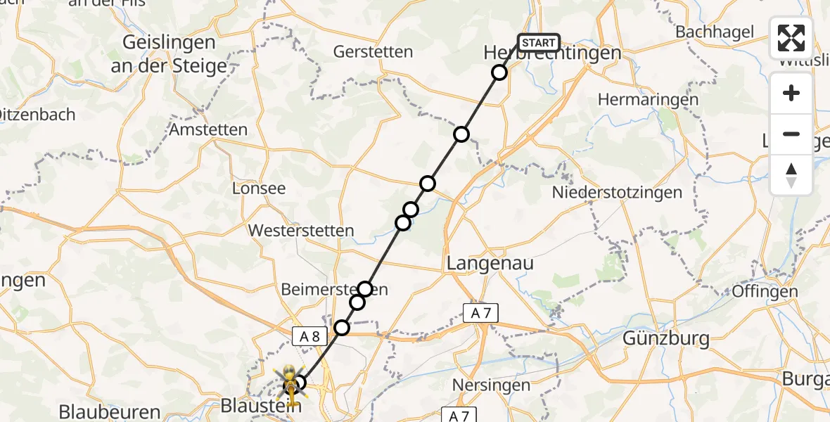 Flugroute Rettungshubschrauber Herbrechtingen - ADAC Air Rescue Station Ulm (Christoph 22), 23 Juni 2026, 17:44