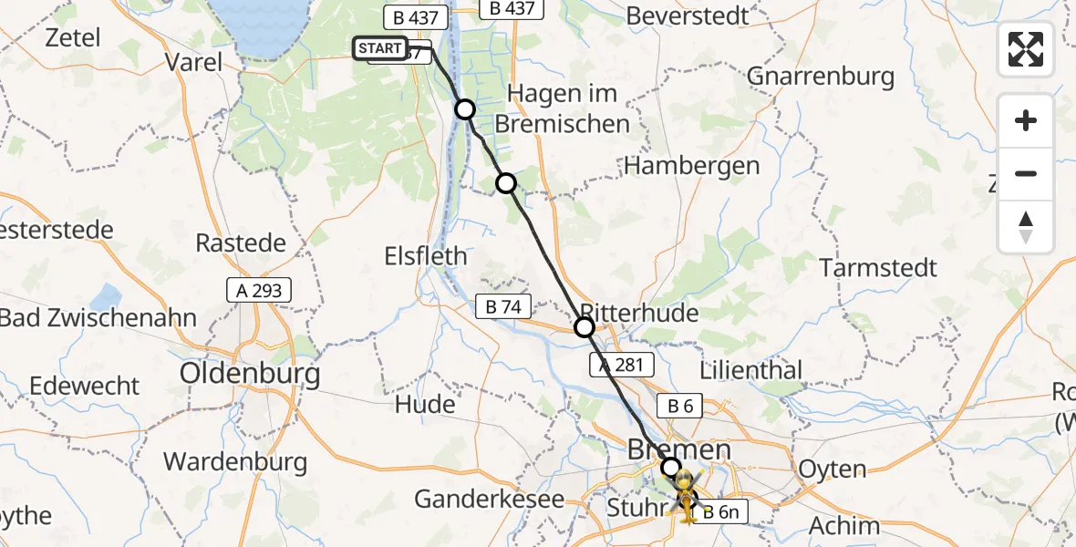 Flugroute Rettungshubschrauber Stadland - ADAC Air Rescue Station Bremen Hubschrauberlandeplatz (Christoph 6), 23 Juni 2026, 17:45