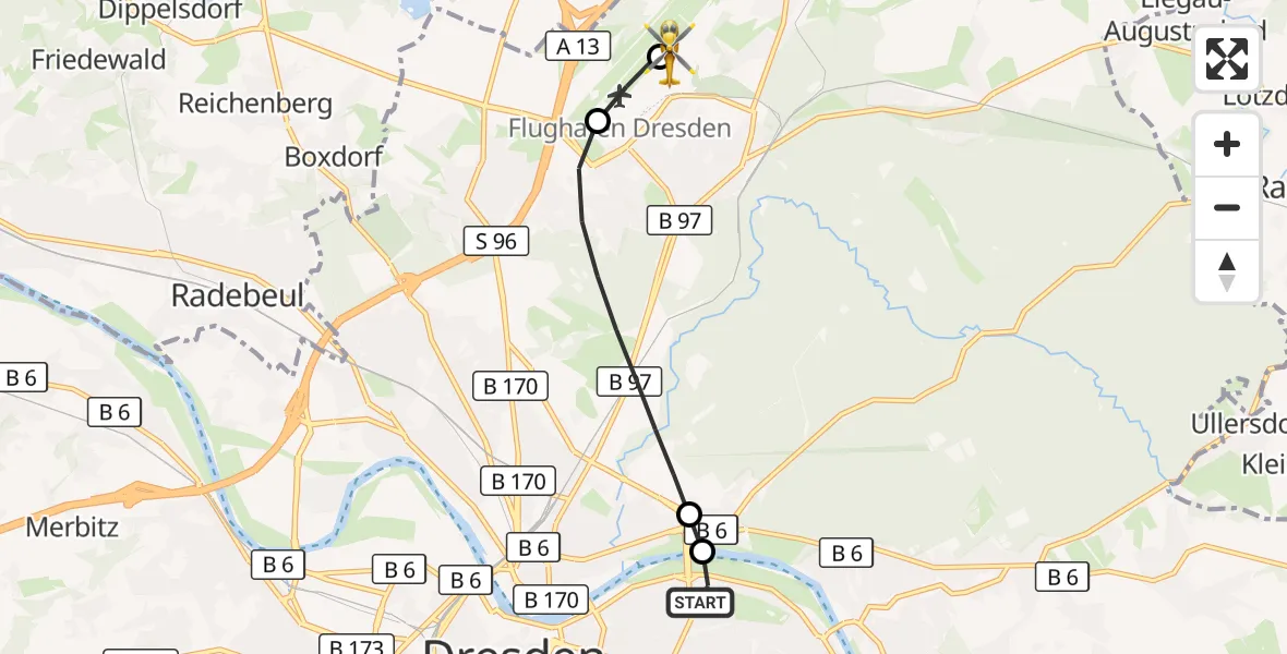 Flugroute Rettungshubschrauber Dresden University Hospital - Dresden Bundespolizei Hubschrauberlandeplatz, 23 Juni 2026, 17:49