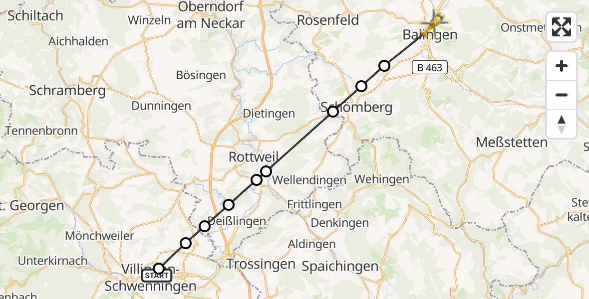 Flugroute Ambulanzhubschrauber DRF Air Rescue Station Villingen-Schwenningen Hubschrauberlandeplatz (Christoph 11) - Balingen, 23 Juni 2026, 17:57