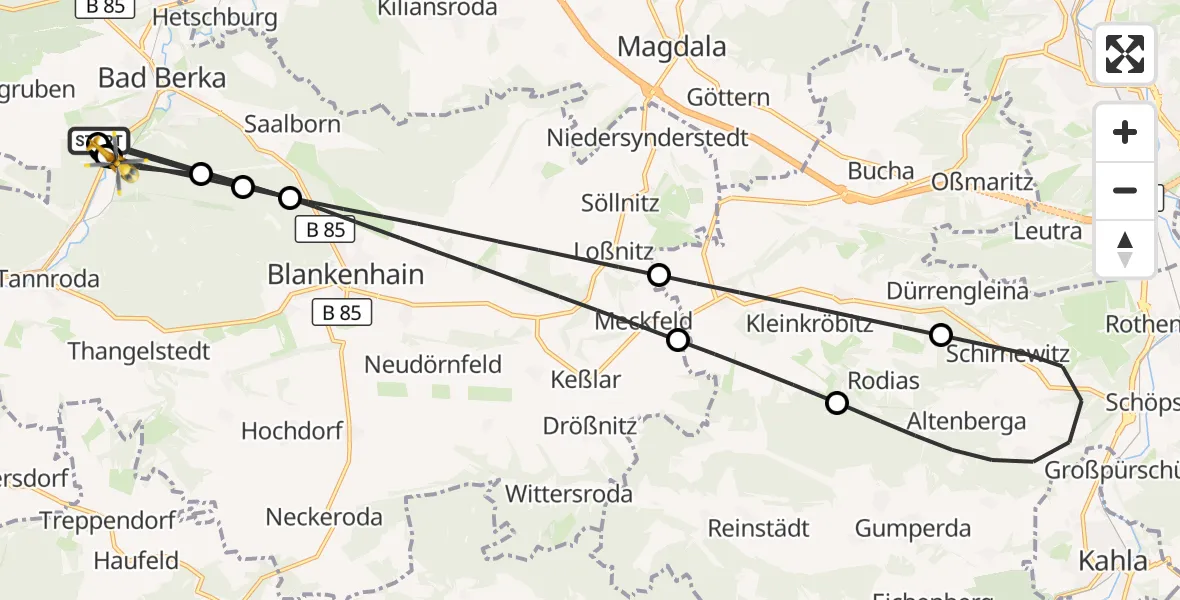 Flugroute Ambulanzhubschrauber Bad Berka Central Hospital - Bad Berka, 23 Juni 2026, 18:00