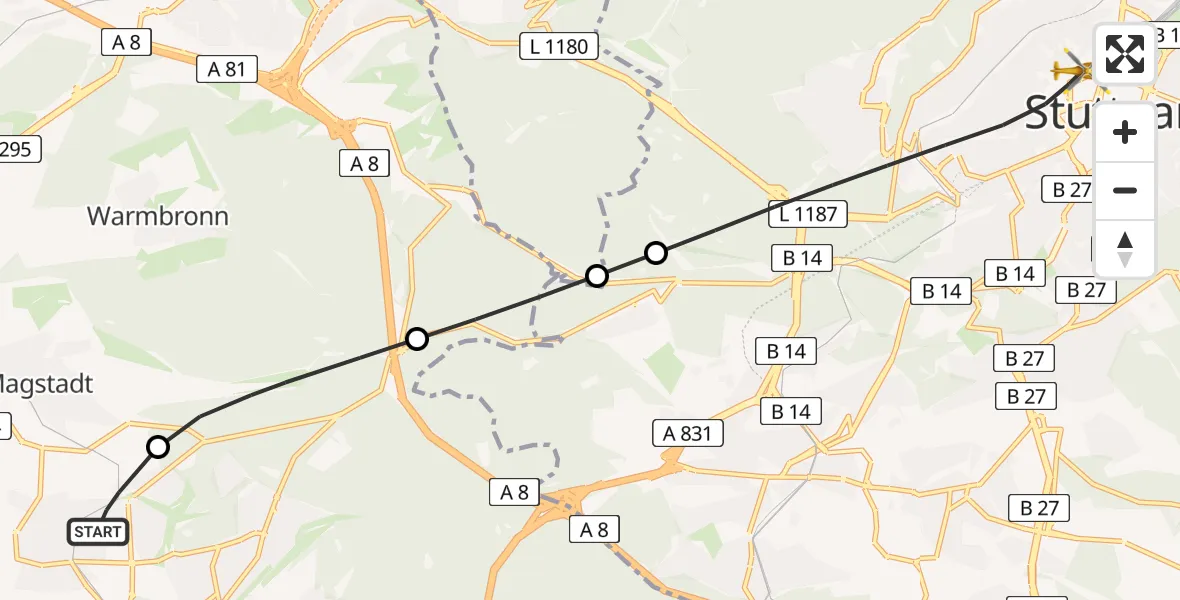 Flugroute Rettungshubschrauber Sindelfingen - Stuttgart, 23 Juni 2026, 18:01