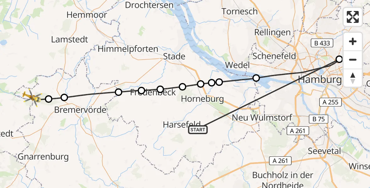 Flugroute Rettungshubschrauber Harsefeld - Hipstedt, 23 Juni 2026, 18:02