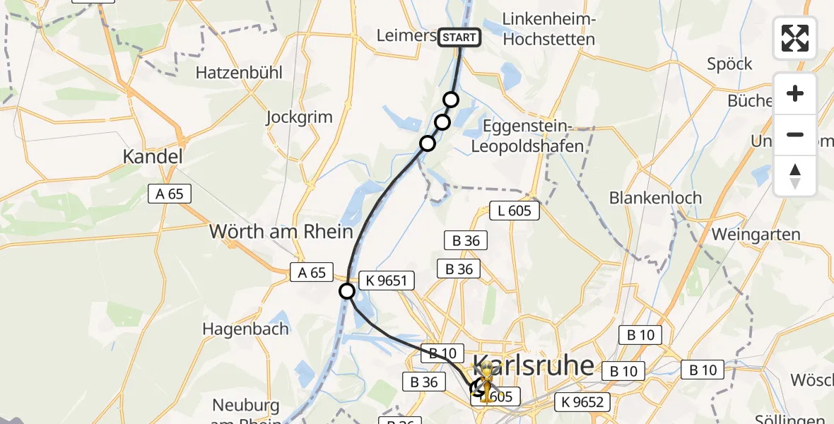 Flugroute Ambulanzhubschrauber Leimersheim - Sankt Vincentius Hospital, 23 Juni 2026, 18:05