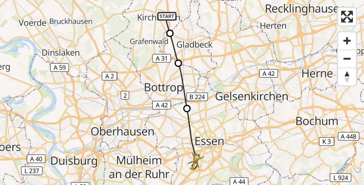 Flugroute Rettungshubschrauber Bottrop - Essen, 23 Juni 2026, 18:10