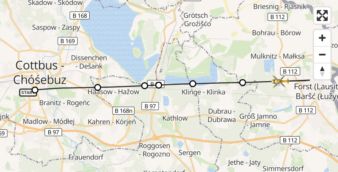 Flugroute Rettungshubschrauber Carl Thien Hospital Cottbus - Forst (Lausitz), 23 Juni 2026, 18:13