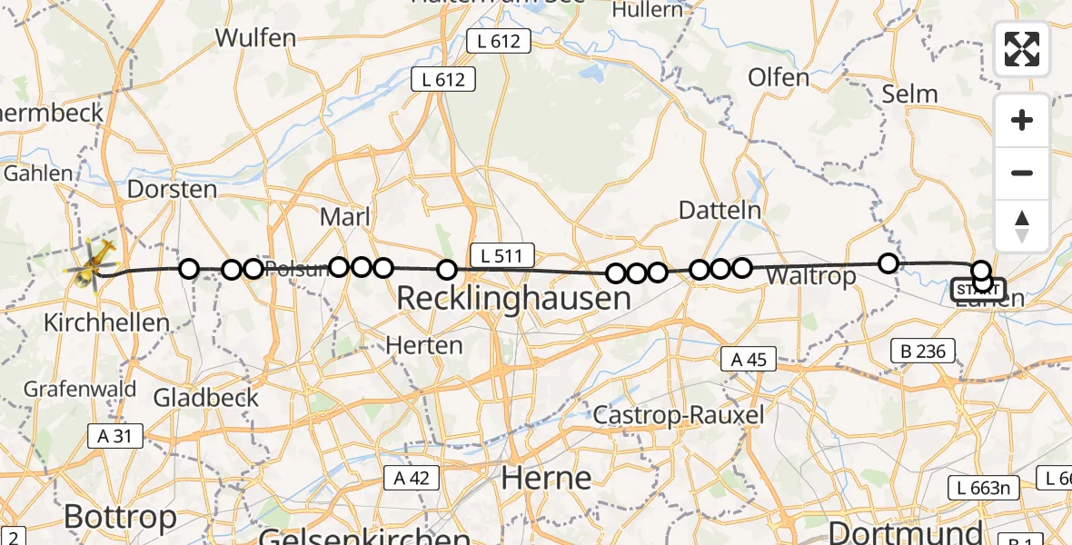 Flugroute Rettungshubschrauber Sankt Marien Hospital - Bottrop, 23 Juni 2026, 18:14