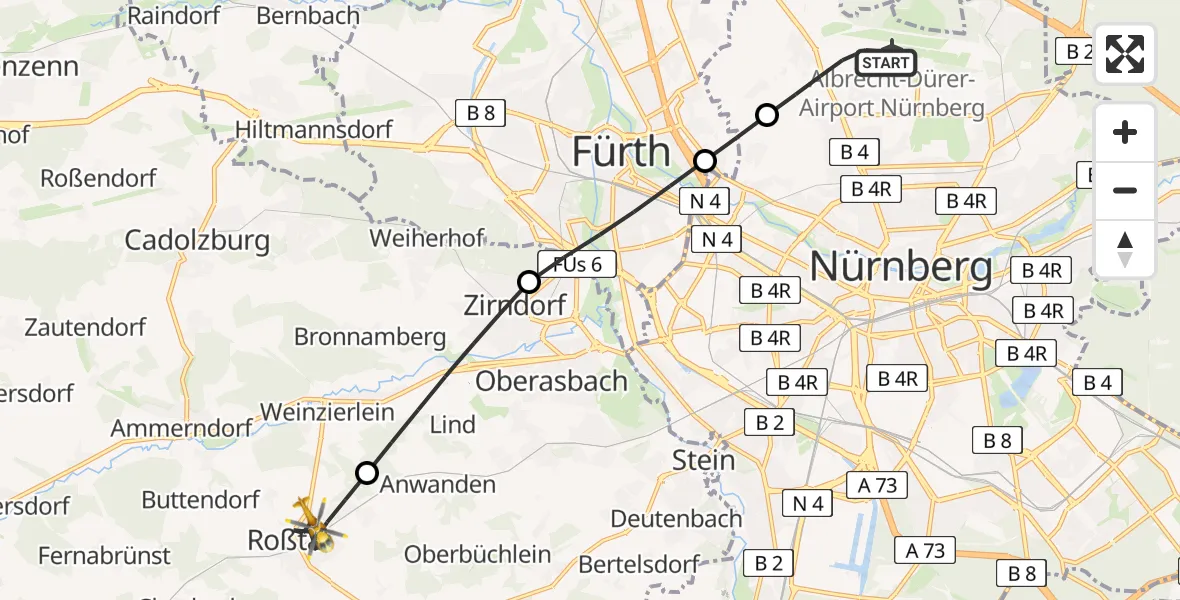 Flugroute Rettungshubschrauber Flughafen Nuremberg - Roßtal, 23 Juni 2026, 18:16