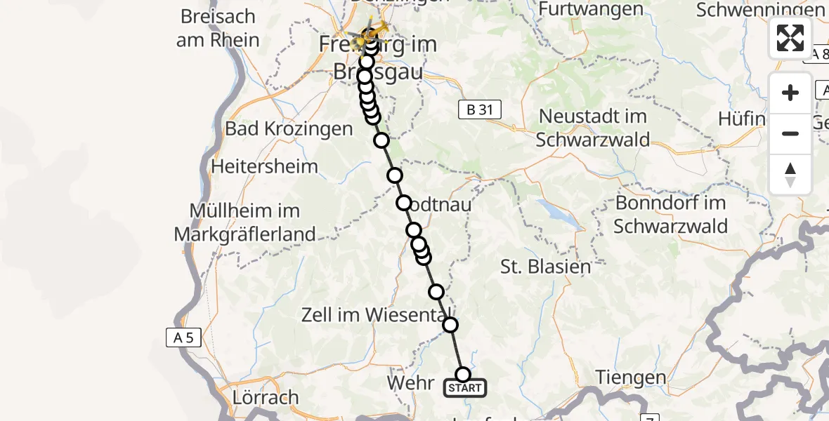 Flugroute Ambulanzhubschrauber Rickenbach - Freiburg im Breisgau Flugplatz, 23 Juni 2026, 18:19