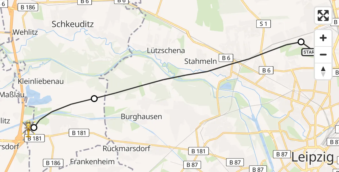 Flugroute Rettungshubschrauber Sankt Georg Hospital Leipzig Reserve - ADAC Air Rescue Station Leipzig/Schkeuditz-Dölzig Hubschrauberlandeplatz (Christoph 61), 23 Juni 2026, 18:22