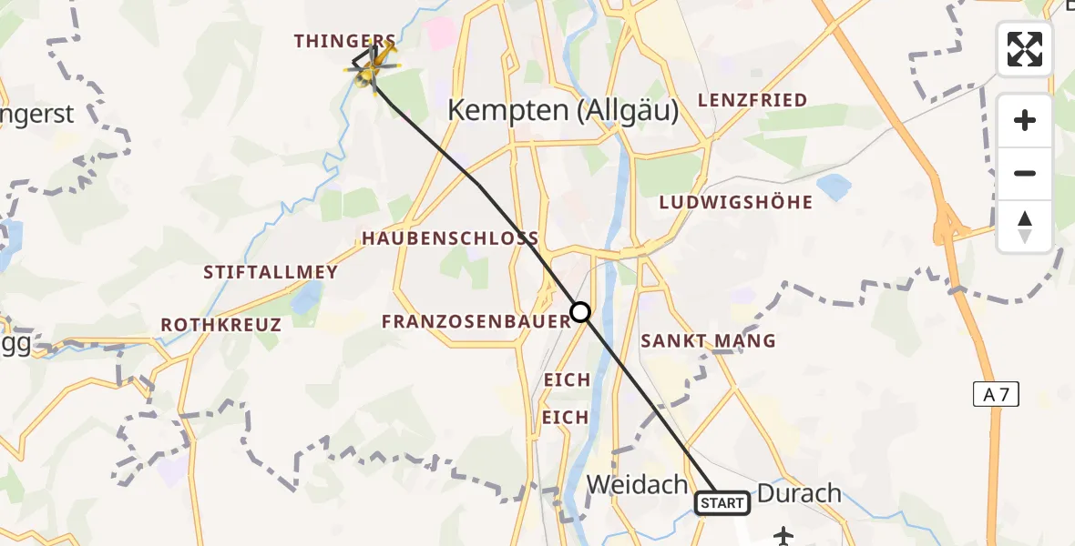 Flugroute Rettungshubschrauber Durach - Kempten (Allgäu), 23 Juni 2026, 18:23
