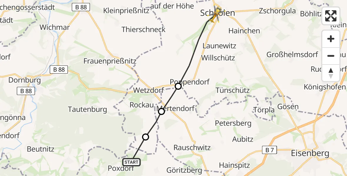 Flugroute Rettungshubschrauber Poxdorf - Schkölen, 23 Juni 2026, 18:24