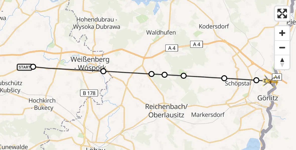 Flugroute Rettungshubschrauber Kubschütz - Görlitz, 23 Juni 2026, 18:25