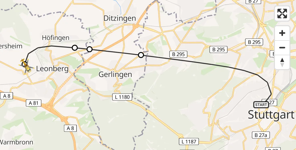 Flugroute Rettungshubschrauber Stuttgart - Leonberg Hospital Hubschrauberlandeplatz, 23 Juni 2026, 18:34
