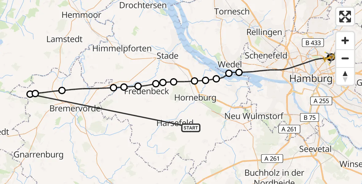 Flugroute Rettungshubschrauber Harsefeld - Hamburg Military Hospital, 23 Juni 2026, 18:41