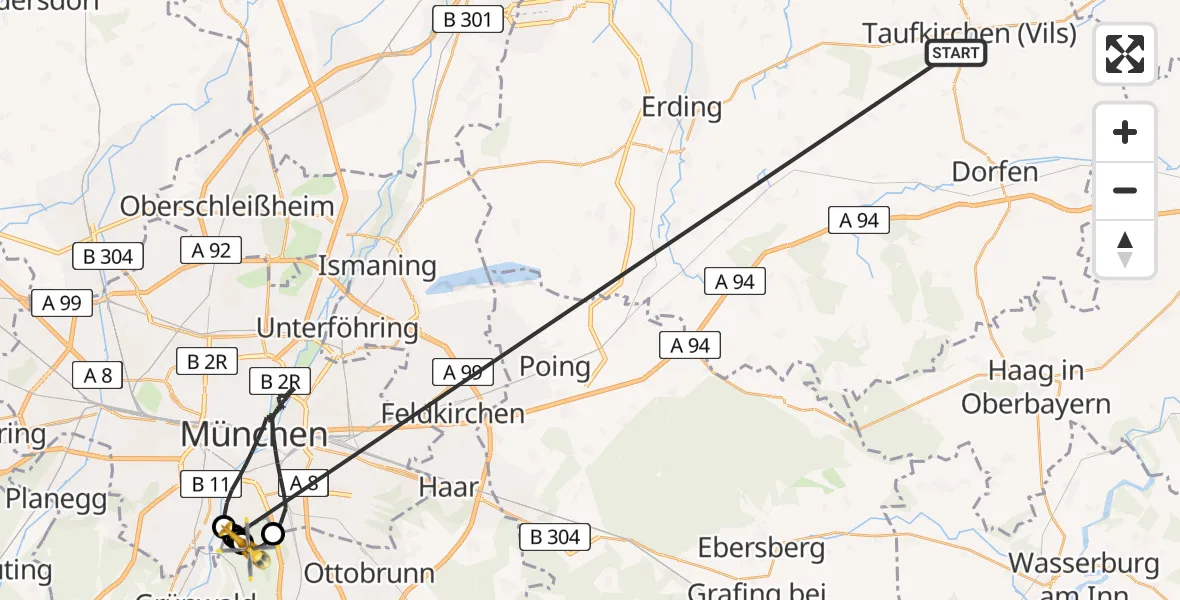 Flugroute Rettungshubschrauber Taufkirchen (Vils) - Perlacher Forst, 23 Juni 2026, 18:44