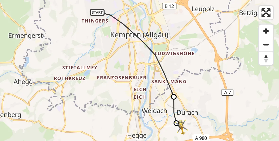 Flugroute Rettungshubschrauber Kempten (Allgäu) - Kempten-Durach Flugplatz, 23 Juni 2026, 19:02
