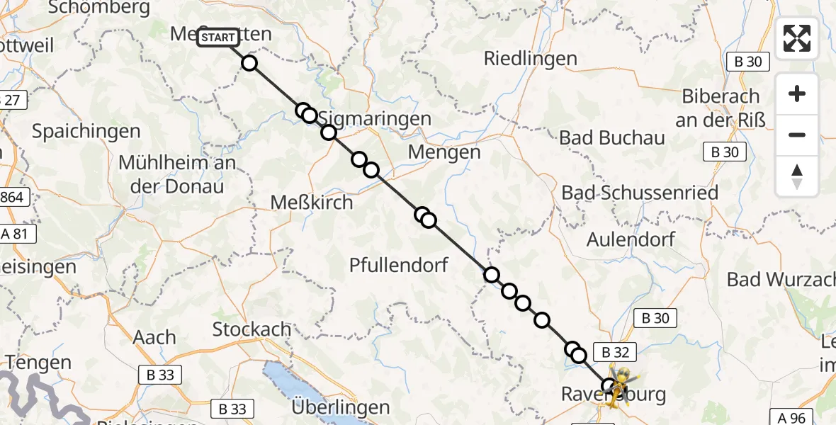Flugroute Rettungshubschrauber Meßstetten - Sankt Elisabeth Hospital, 23 Juni 2026, 19:04