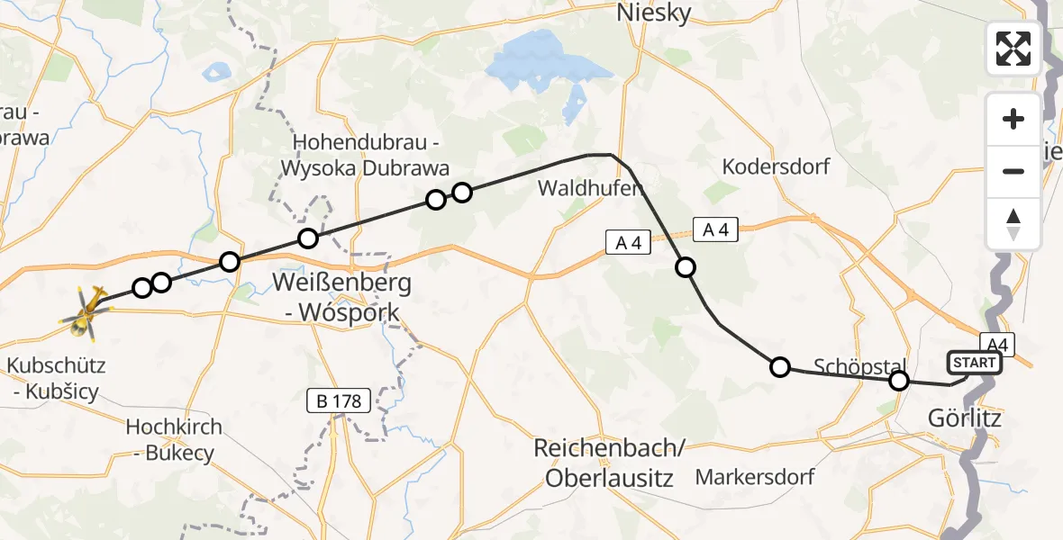 Flugroute Rettungshubschrauber Görlitz - Bautzen Flugplatz, 23 Juni 2026, 19:04