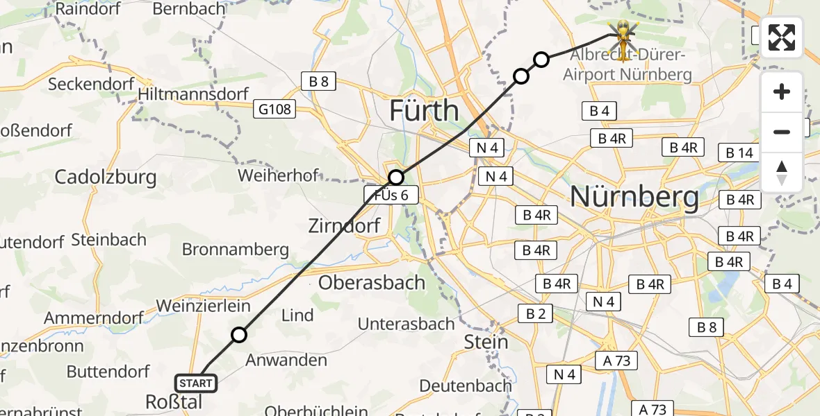 Flugroute Rettungshubschrauber Roßtal - Flughafen Nuremberg, 23 Juni 2026, 19:07