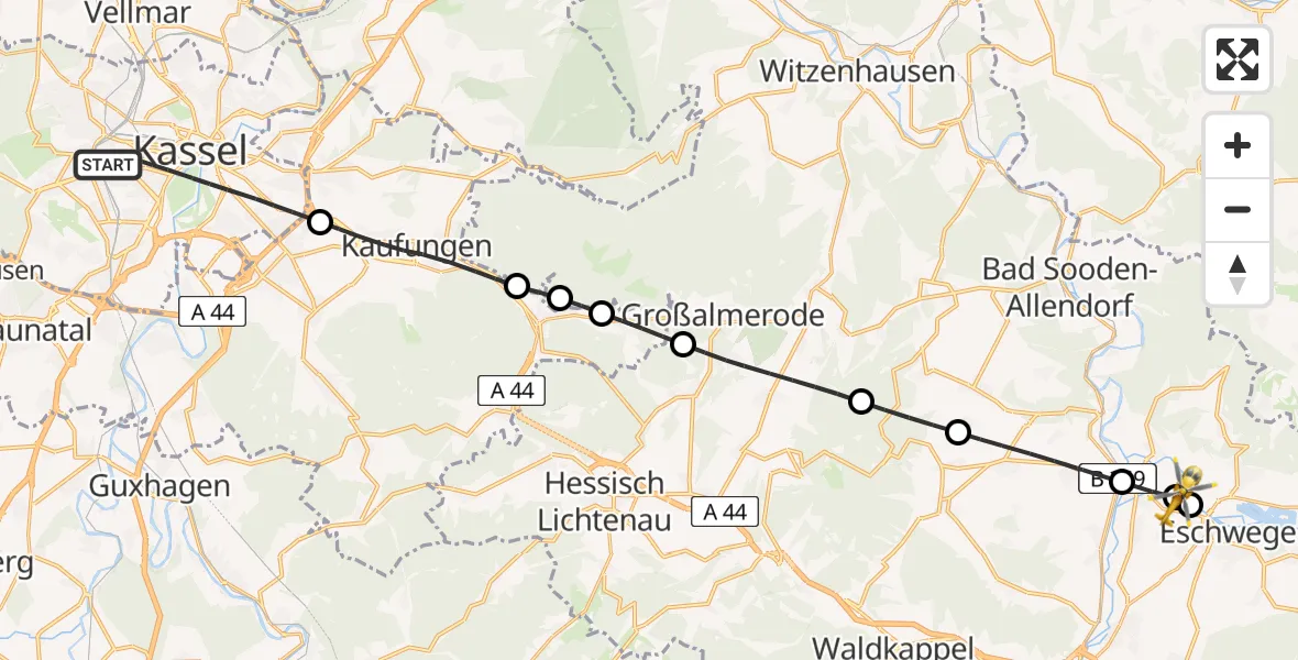 Flugroute Rettungshubschrauber Kassel - Eschwege Flugplatz, 23 Juni 2026, 19:07