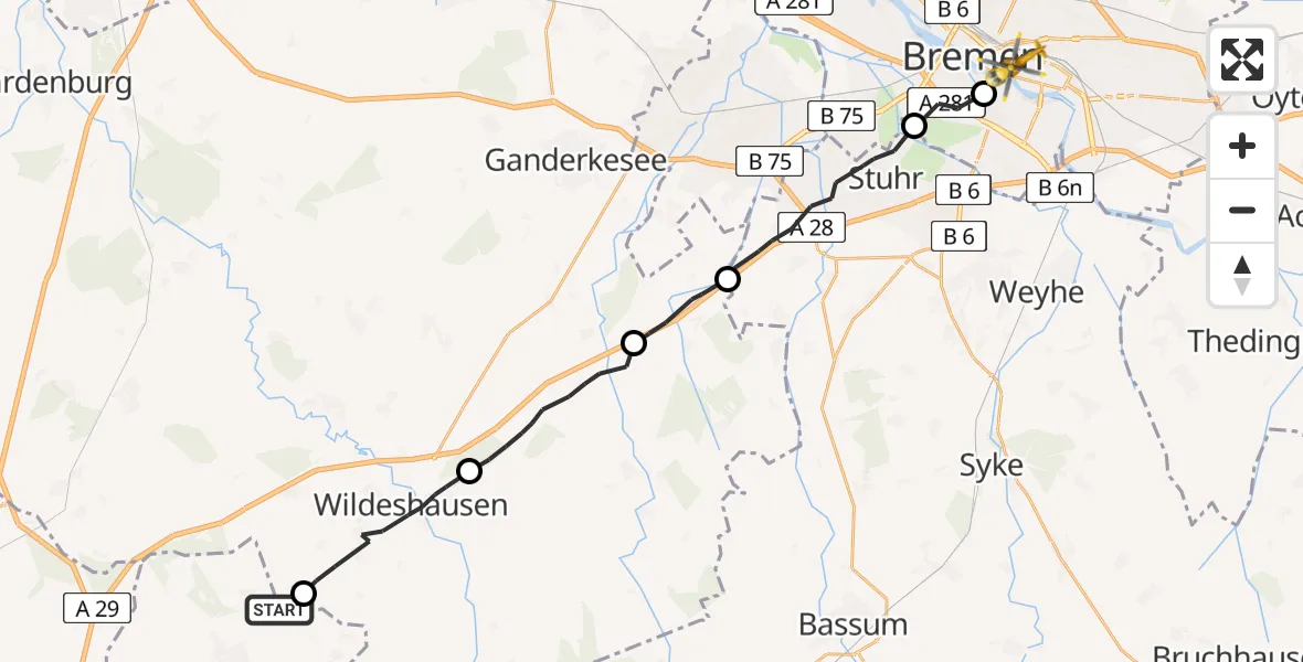 Flugroute Rettungshubschrauber Visbek - Bremen, 23 Juni 2026, 19:17