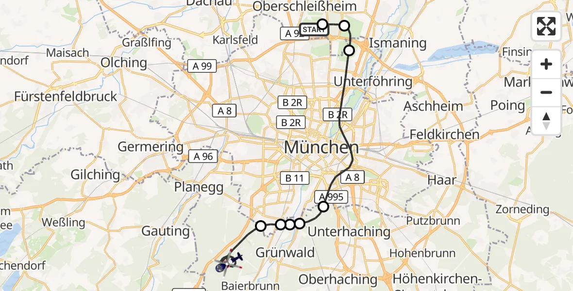 Flugroute Polizeihubschrauber Oberschleissheim Hubschrauberlandeplatz - Forstenrieder Park, 23 Juni 2026, 19:21