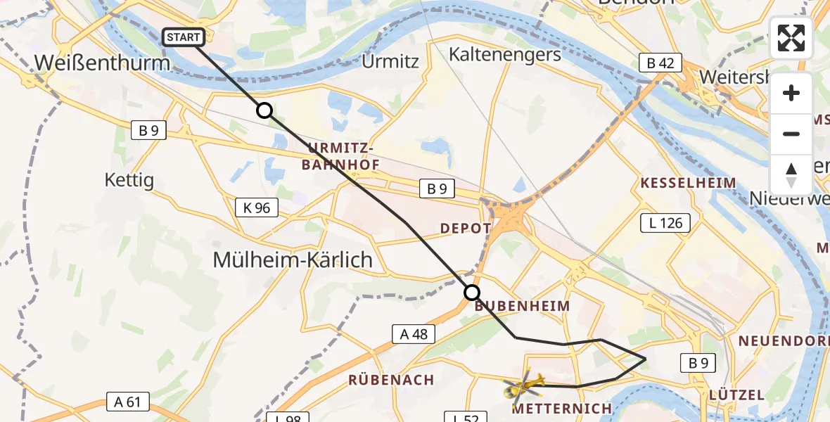 Flugroute Rettungshubschrauber Neuwied - Koblenz, 23 Juni 2026, 19:30