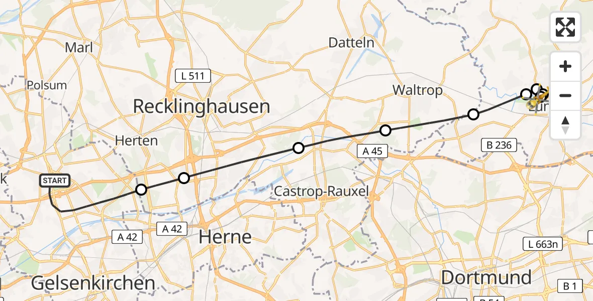Flugroute Rettungshubschrauber Gelsenkirchen - Sankt Marien Hospital, 23 Juni 2026, 19:31