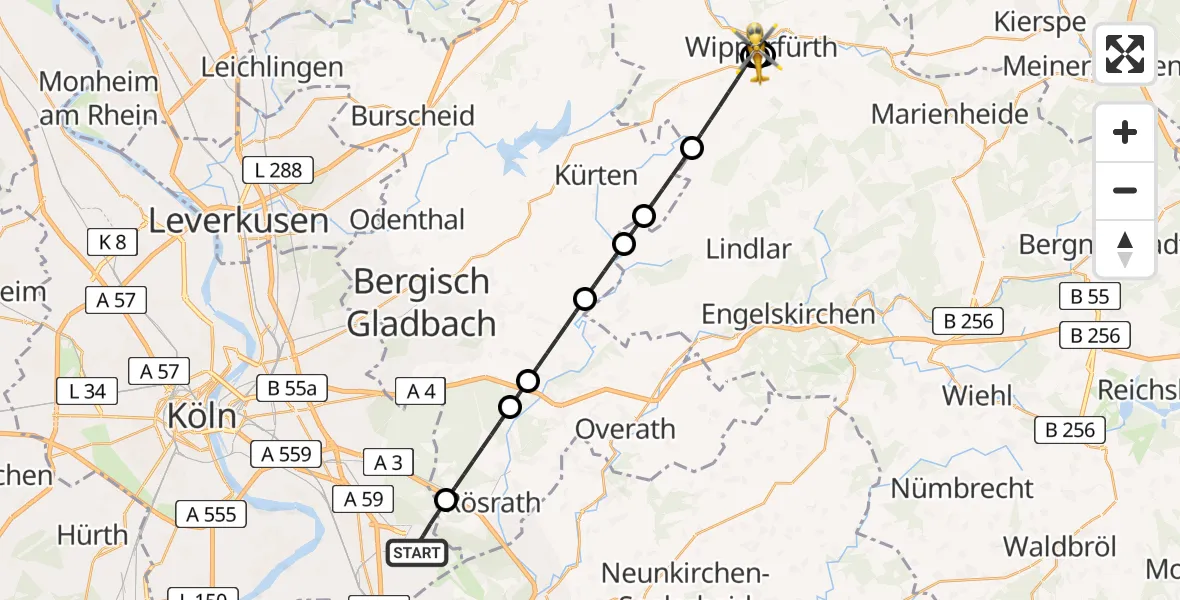 Flugroute Rettungshubschrauber Köln Bonn Flughafen - Helios Clinic Wipperfürth, 23 Juni 2026, 19:32