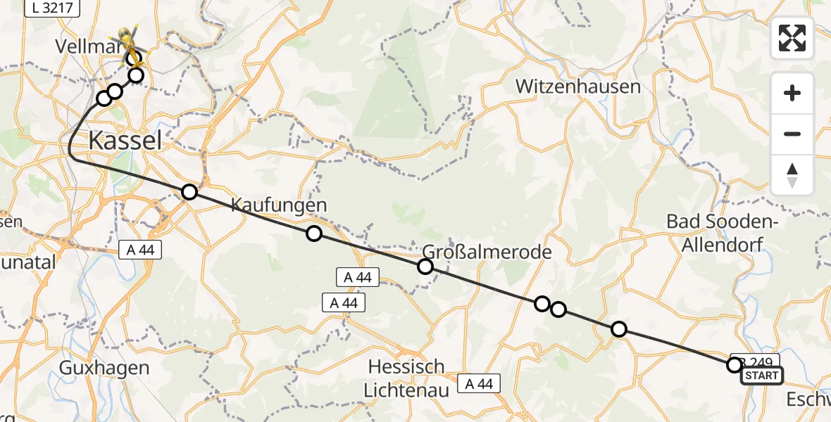 Flugroute Rettungshubschrauber Eschwege - Fuldatal Bundespolizei Hubschrauberlandeplatz, 23 Juni 2026, 19:33