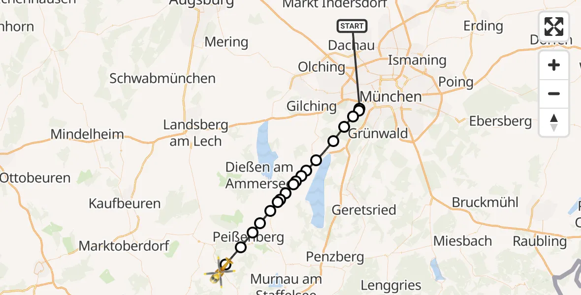 Flugroute Rettungshubschrauber Röhrmoos - Rottenbuch, 23 Juni 2026, 19:35