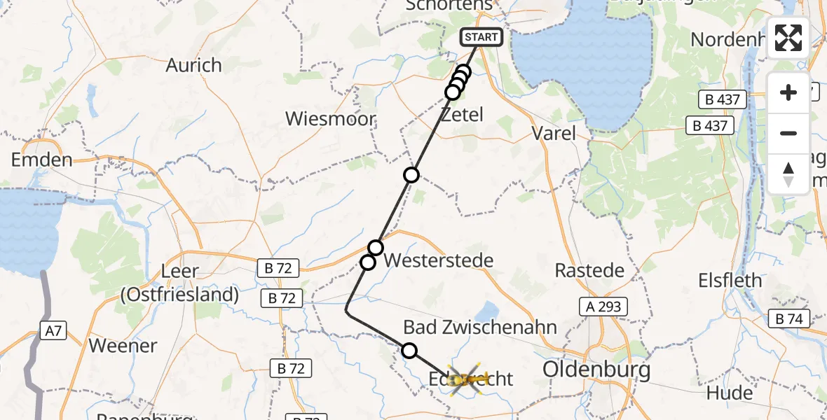 Flugroute Rettungshubschrauber Sande - Edewecht, 23 Juni 2026, 19:47