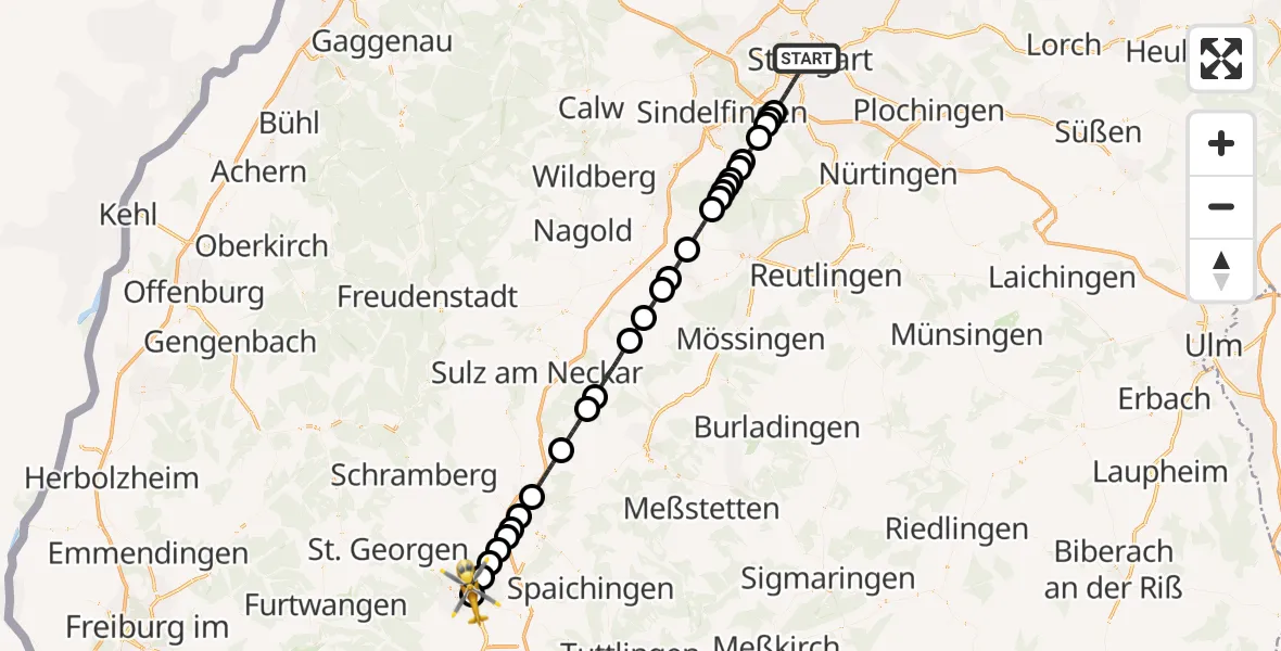 Flugroute Ambulanzhubschrauber Stuttgart - DRF Air Rescue Station Villingen-Schwenningen Hubschrauberlandeplatz (Christoph 11), 23 Juni 2026, 20:04