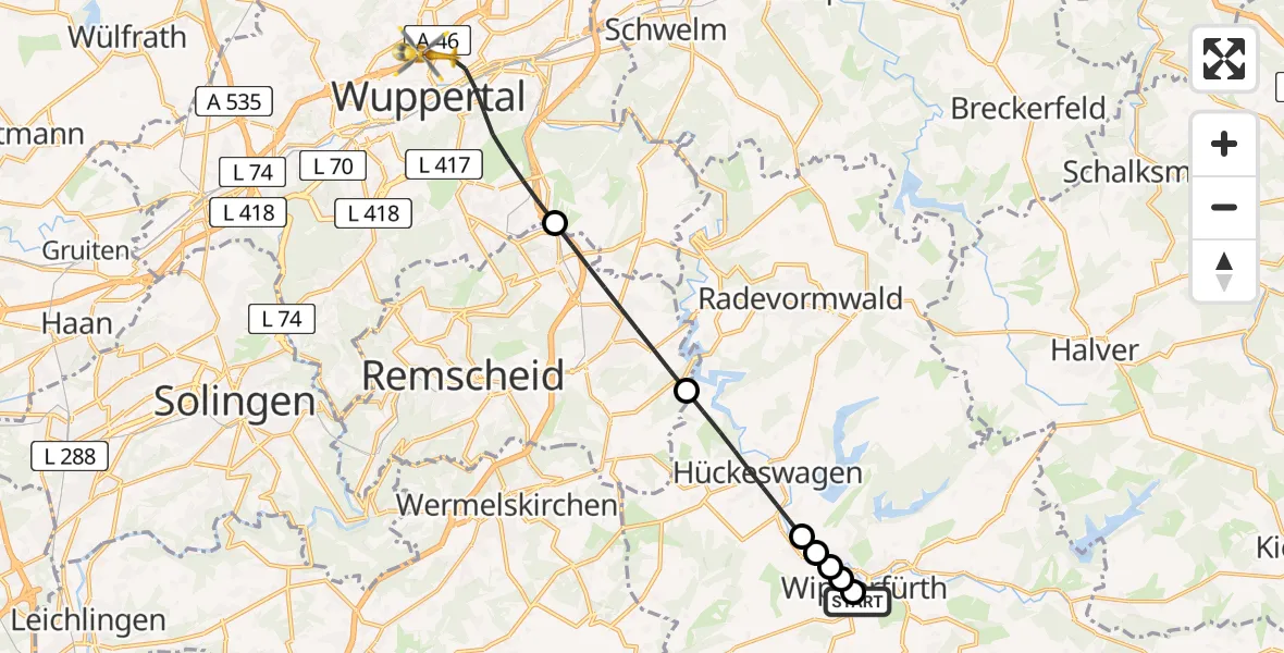 Flugroute Rettungshubschrauber Helios Clinic Wipperfürth - Wuppertal, 23 Juni 2026, 20:29