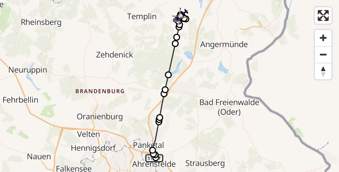 Flugroute Polizeihubschrauber Ahrensfelde Hubschrauberlandeplatz - Milmersdorf, 23 Juni 2026, 20:34
