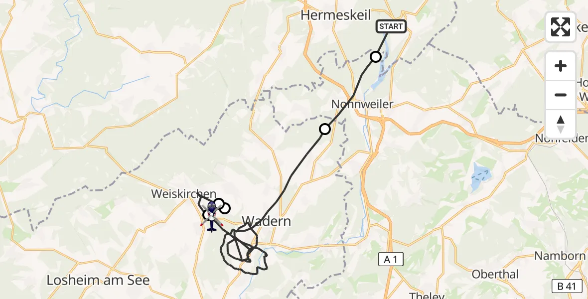 Flugroute Polizeihubschrauber Züsch - Wadern, 23 Juni 2026, 20:45