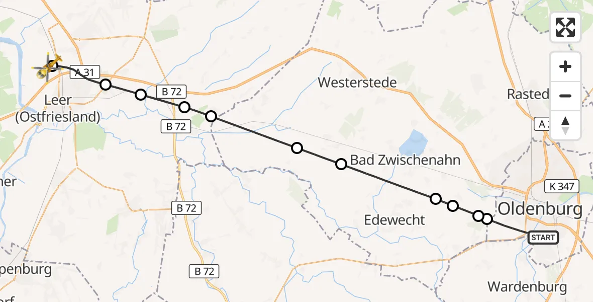 Flugroute Rettungshubschrauber Oldenburg (Oldb) - Flugplatz Leer-Papenburg, 23 Juni 2026, 20:52