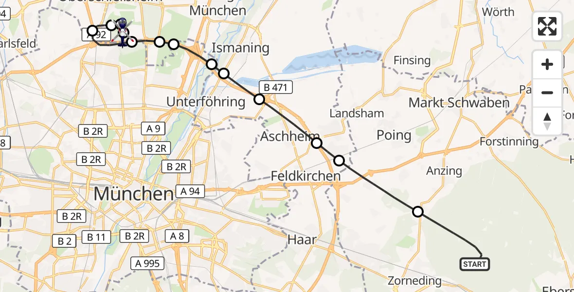 Flugroute Polizeihubschrauber Eglhartinger Forst - Oberschleißheim, 23 Juni 2026, 21:01