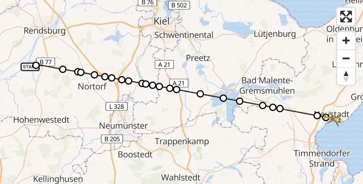 Flugroute Ambulanzhubschrauber Hörsten - Neustadt in Holstein, 23 Juni 2026, 21:03