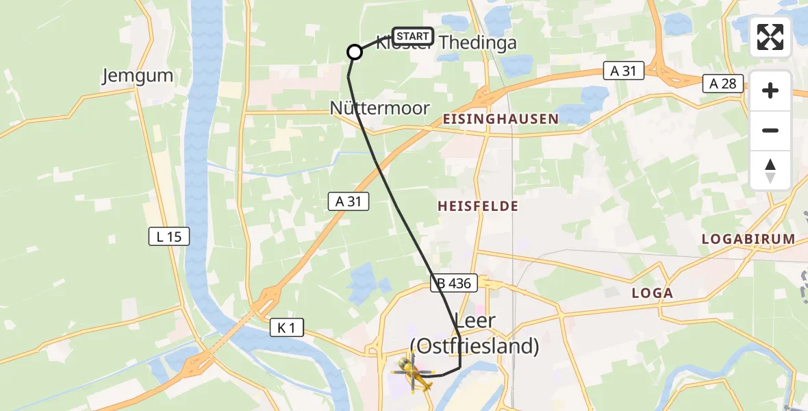 Flugroute Rettungshubschrauber Flugplatz Leer-Papenburg - Leer (Ostfriesland), 23 Juni 2026, 21:20