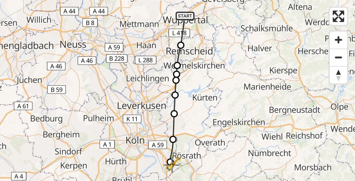 Flugroute Rettungshubschrauber Wuppertal - Köln Bonn Flughafen, 23 Juni 2026, 21:28