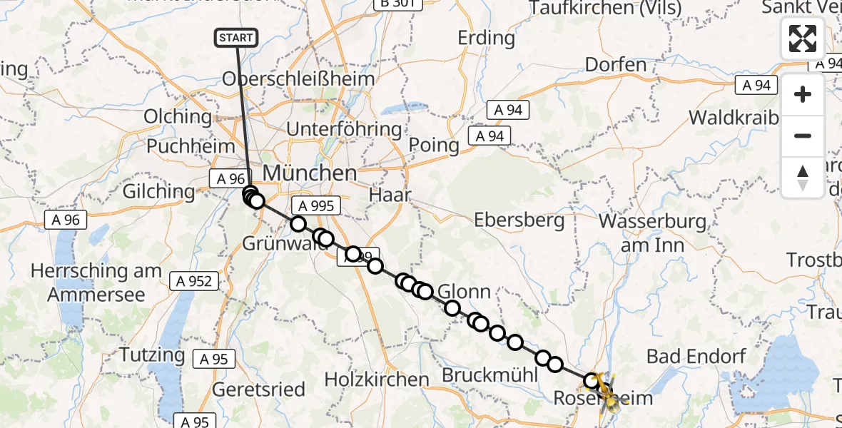 Flugroute Rettungshubschrauber Röhrmoos - RoMed Hospital Rosenheim, 23 Juni 2026, 21:29