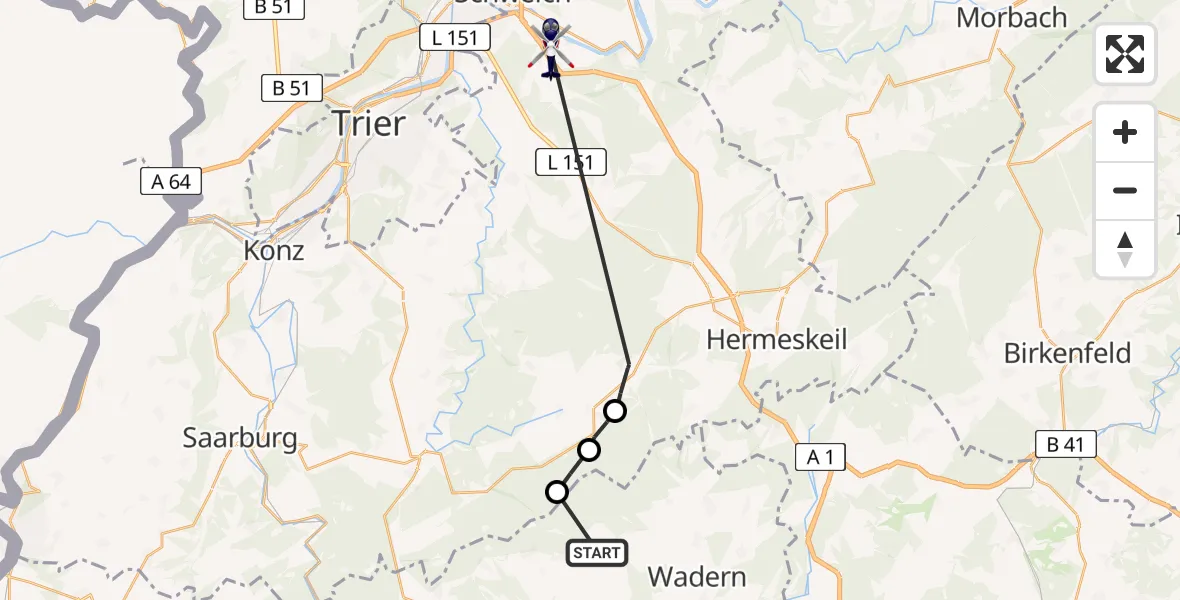 Flugroute Polizeihubschrauber Weiskirchen - Riol, 23 Juni 2026, 21:39