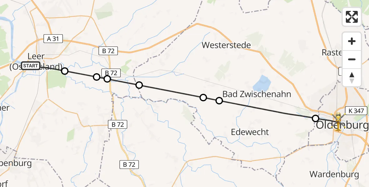Flugroute Rettungshubschrauber Leer (Ostfriesland) - Oldenburg (Oldb), 23 Juni 2026, 22:06