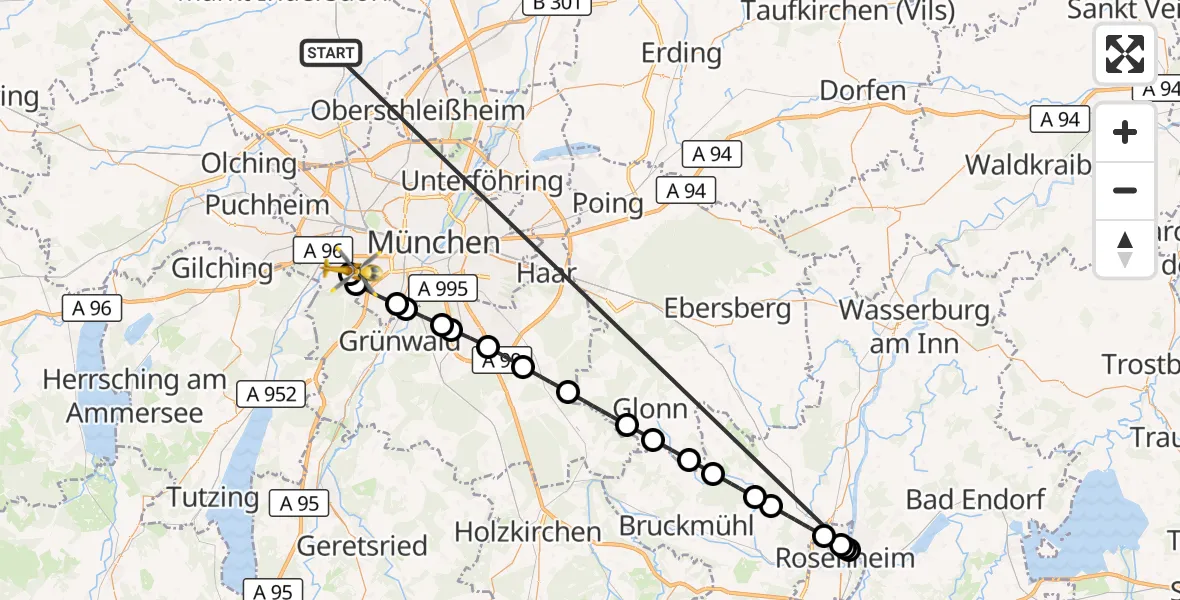 Flugroute Rettungshubschrauber Röhrmoos - DRF Air Rescue München Hubschrauberlandeplatz, 23 Juni 2026, 22:20