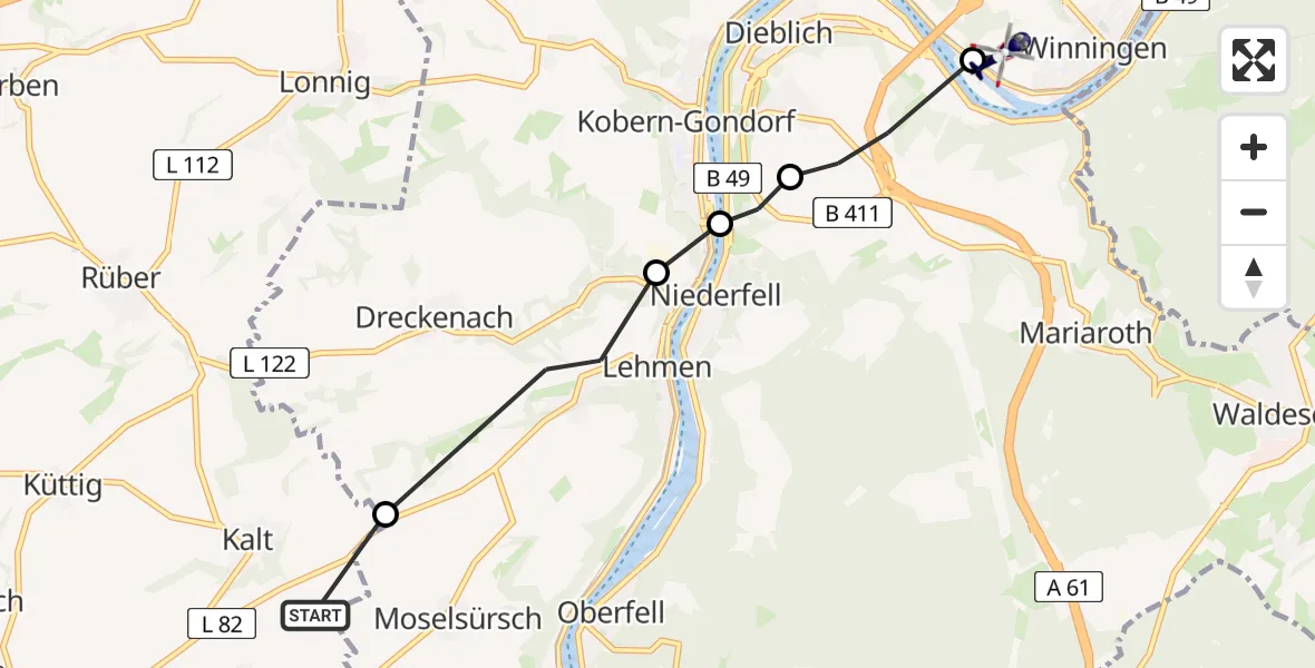 Flugroute Polizeihubschrauber Kalt - Winningen, 23 Juni 2026, 22:24
